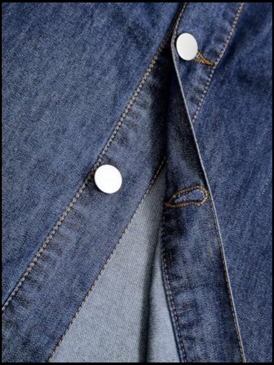 Denim Shirt Dress V-Neck Short Sleeve A-Line with Pockets - Picture 5 of 7